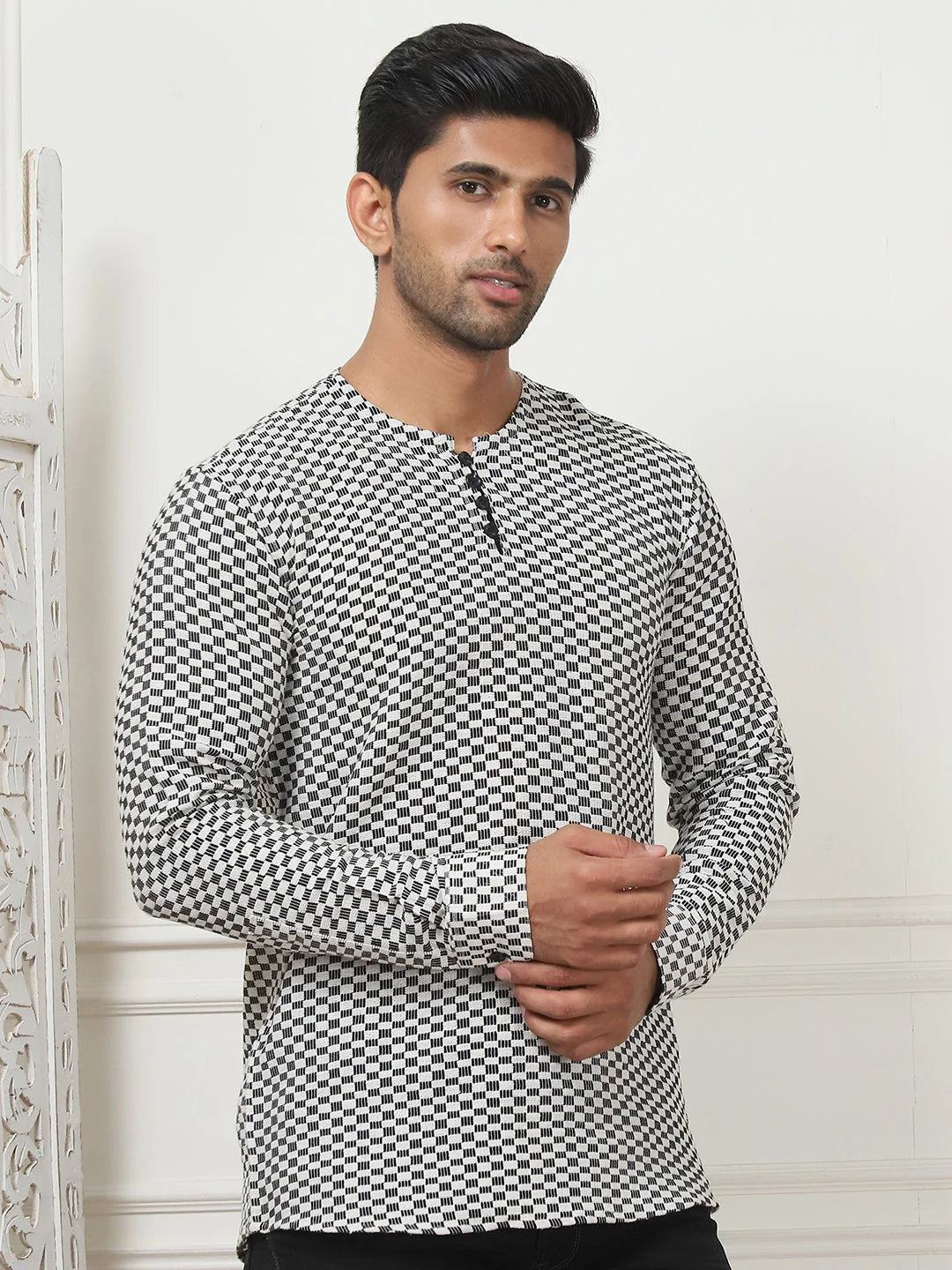 White Woven Cotton Short Kurta for Men | Men's Kurta Online