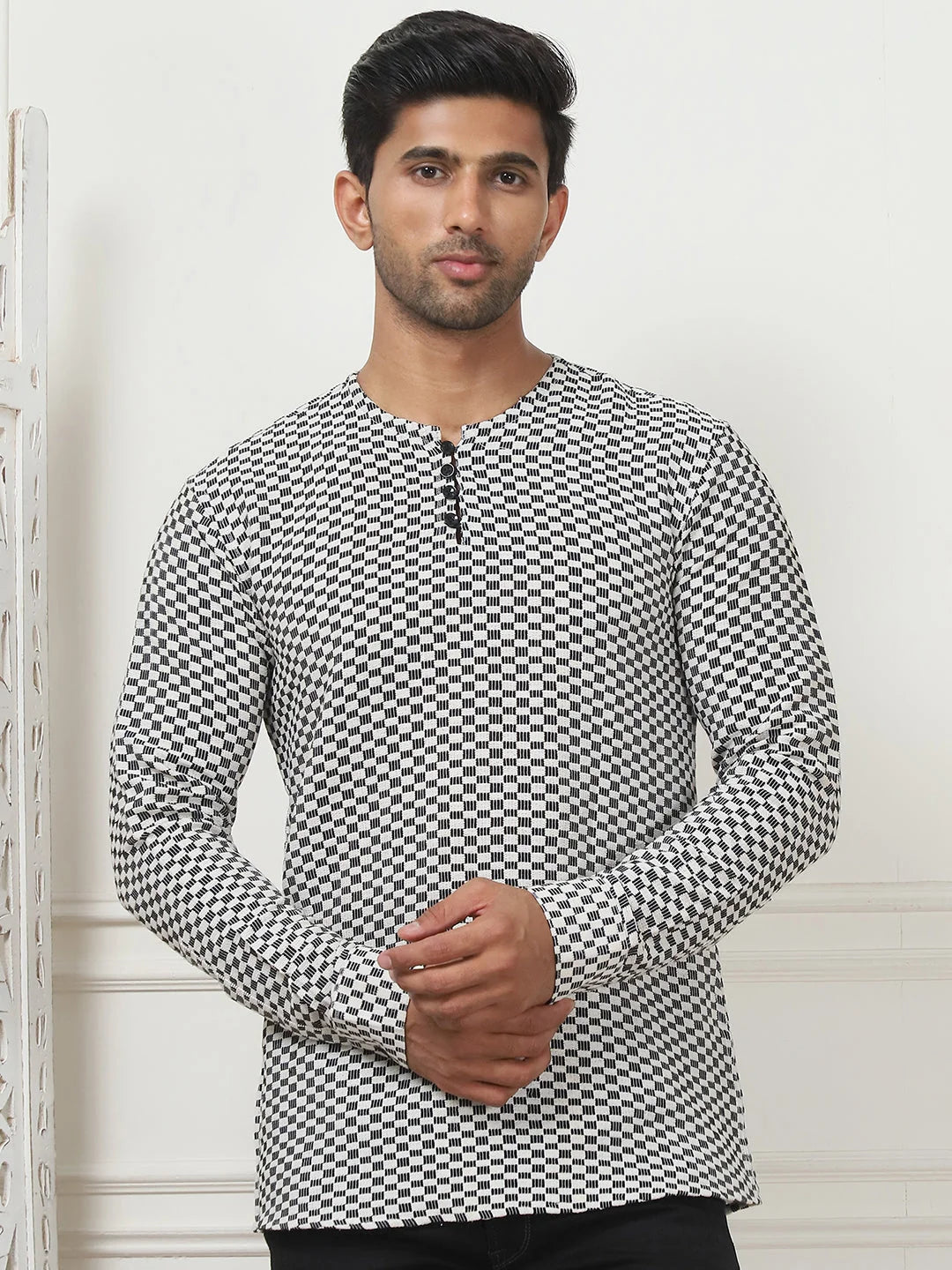 White Woven Cotton Short Kurta for Men | Men's Kurta Online