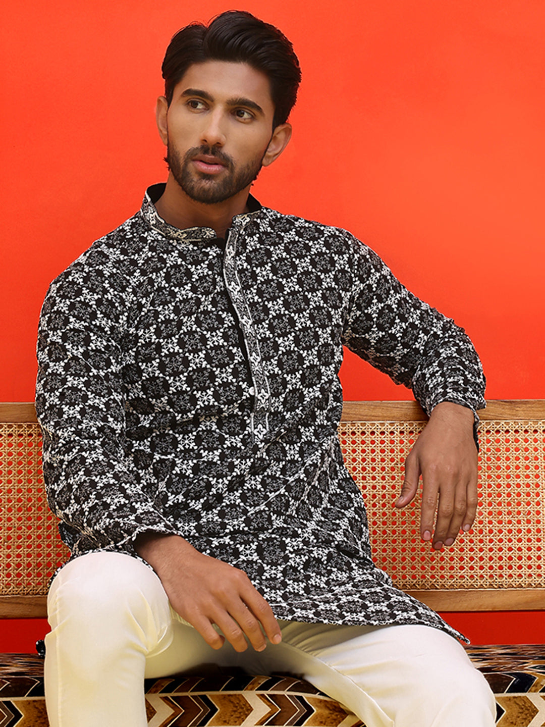 DesiQlo Men Floral Kurta Only - Black - KO_5092Black_S