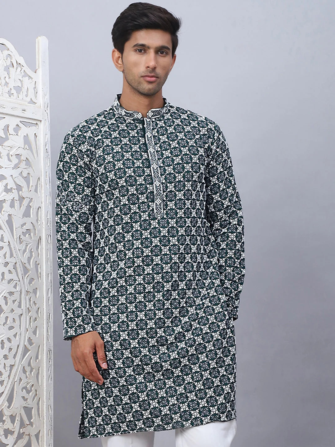 Olive Embroidered Mens Kurta - Indian Kurta for Men
