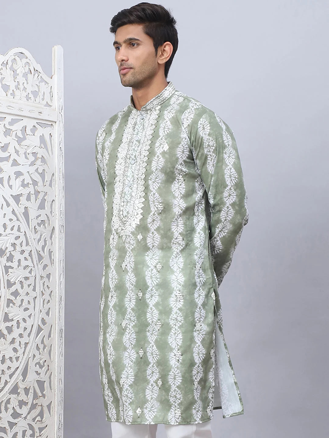 Green Embroidered Mens Kurta - Tie-dye Indian Kurta for Men