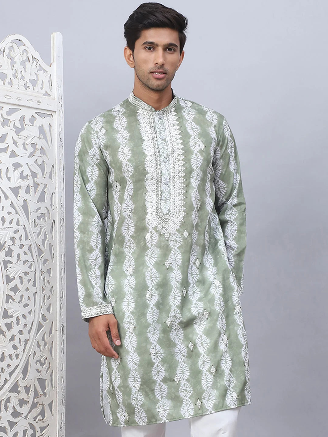 Green Embroidered Mens Kurta - Tie-dye Indian Kurta for Men