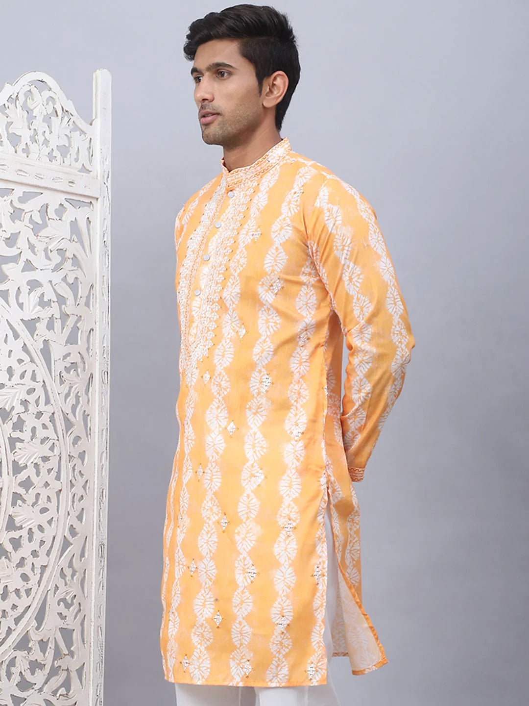 Orange Embroidered Mens Kurta - Tie-dye Indian Kurta for Men