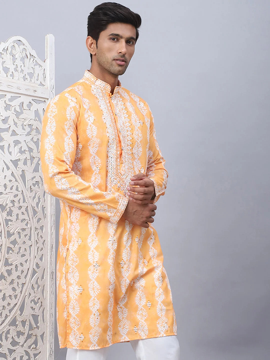 Orange Embroidered Mens Kurta - Tie-dye Indian Kurta for Men