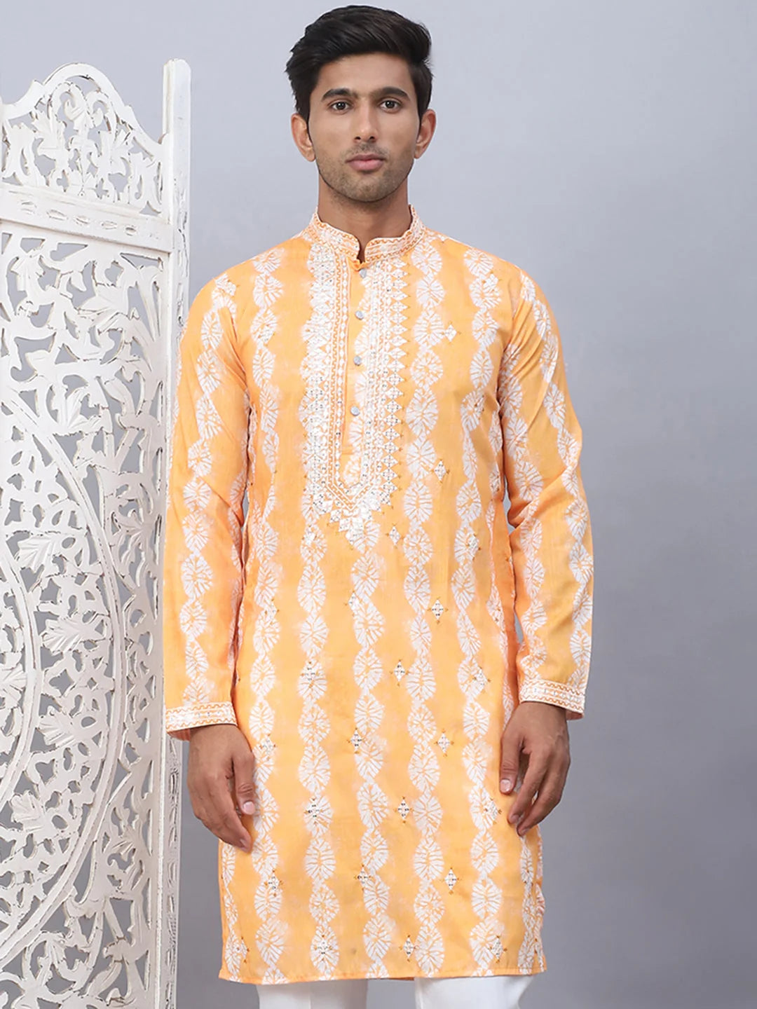 Orange Embroidered Mens Kurta - Tie-dye Indian Kurta for Men