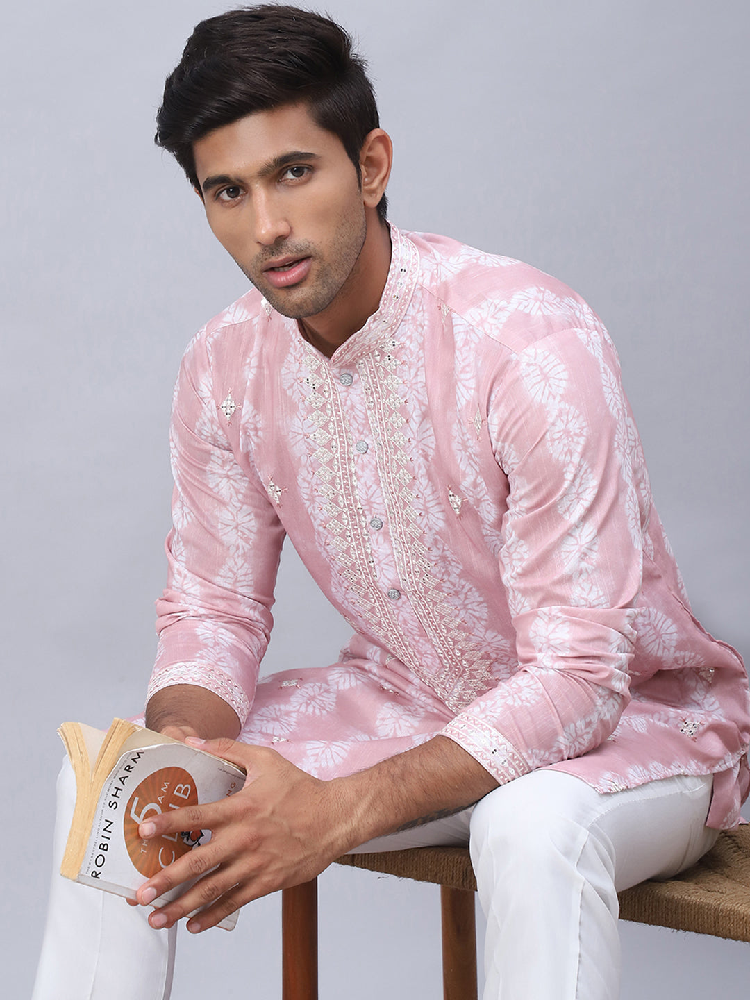 Peach Embroidered Mens Kurta - Tie-dye Indian Kurta for Men