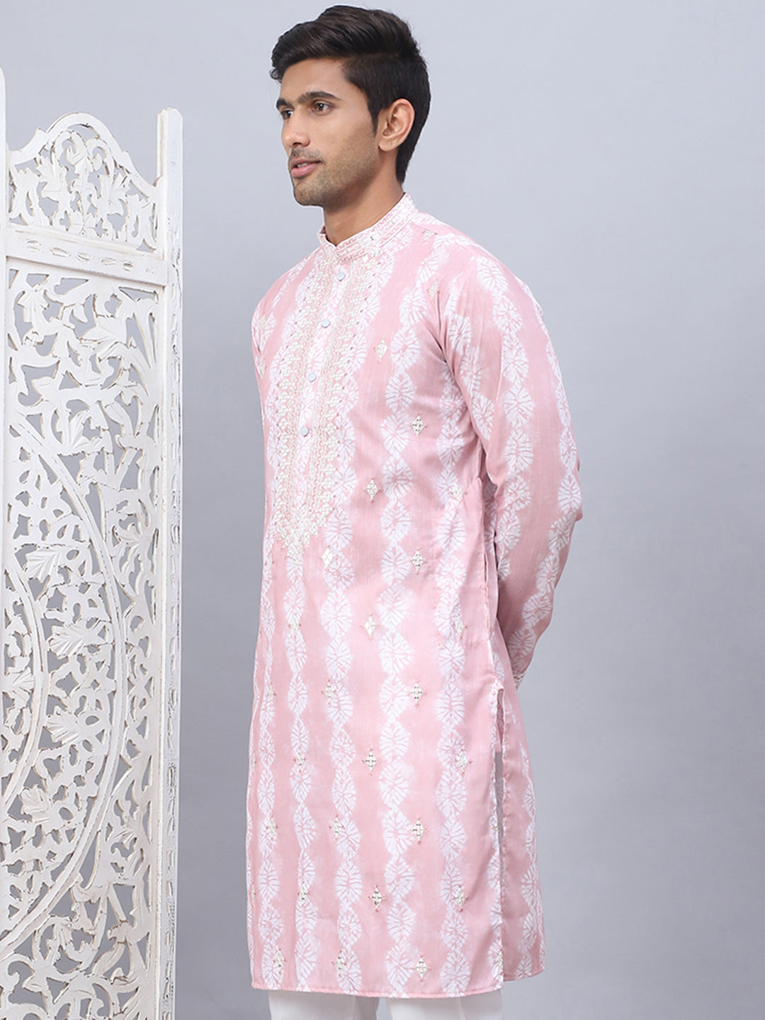 Peach Embroidered Mens Kurta - Tie-dye Indian Kurta for Men