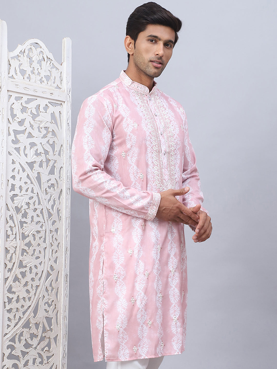 Peach Embroidered Mens Kurta - Tie-dye Indian Kurta for Men