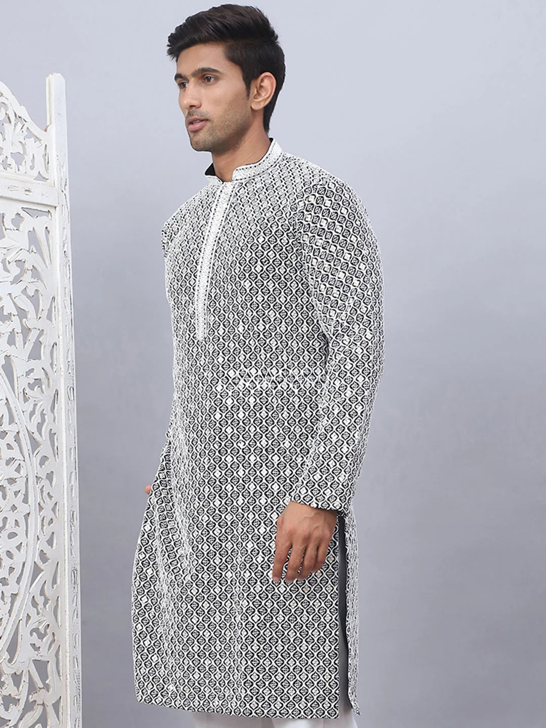 Men's Black Chikankari Embroidered Cotton Indian Kurta