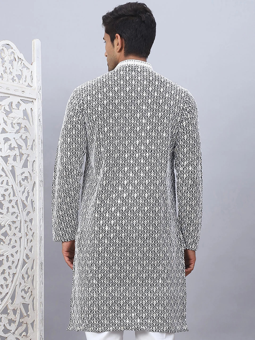 Men's Black Chikankari Embroidered Cotton Indian Kurta