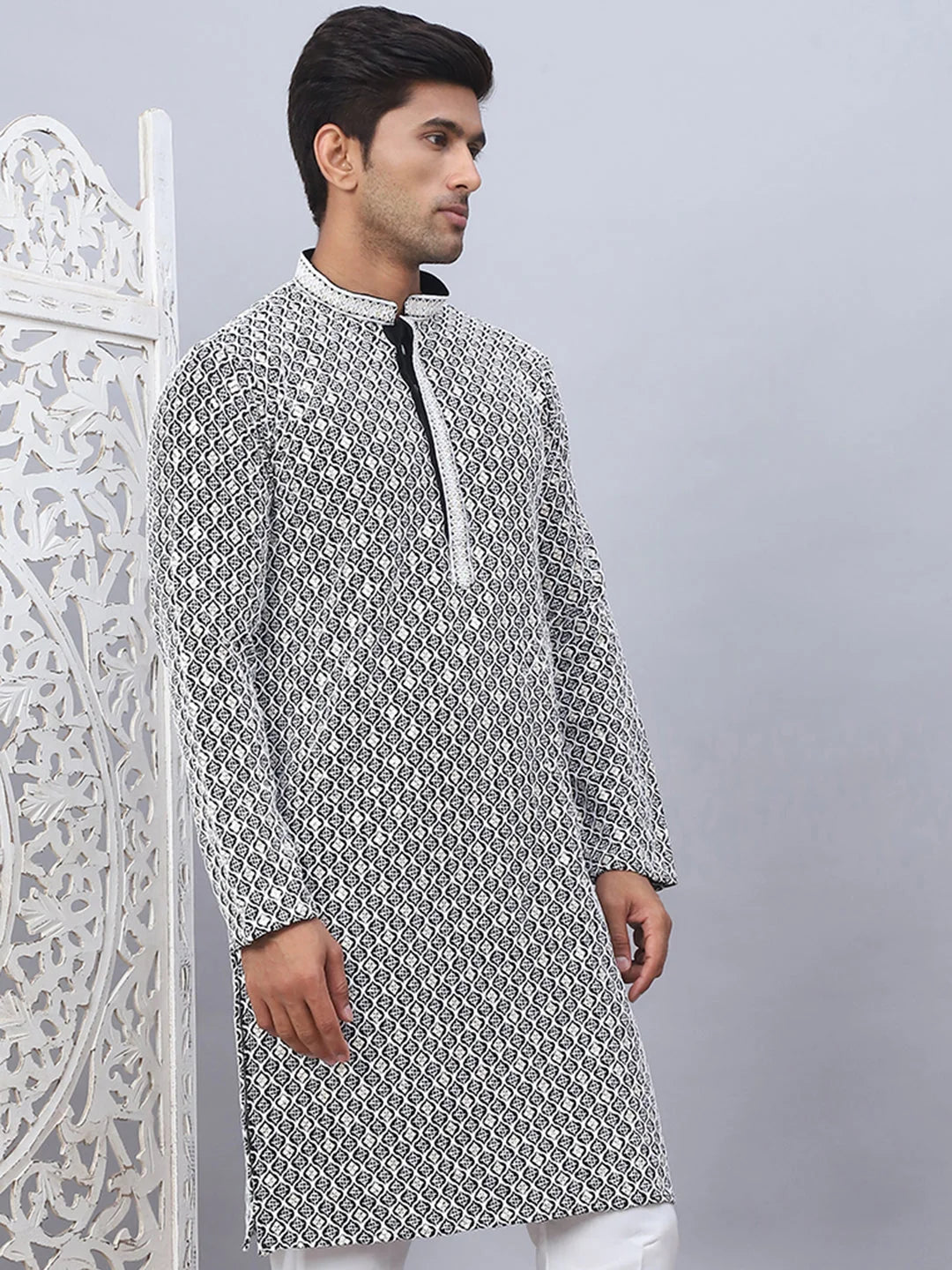 Men's Black Chikankari Embroidered Cotton Indian Kurta