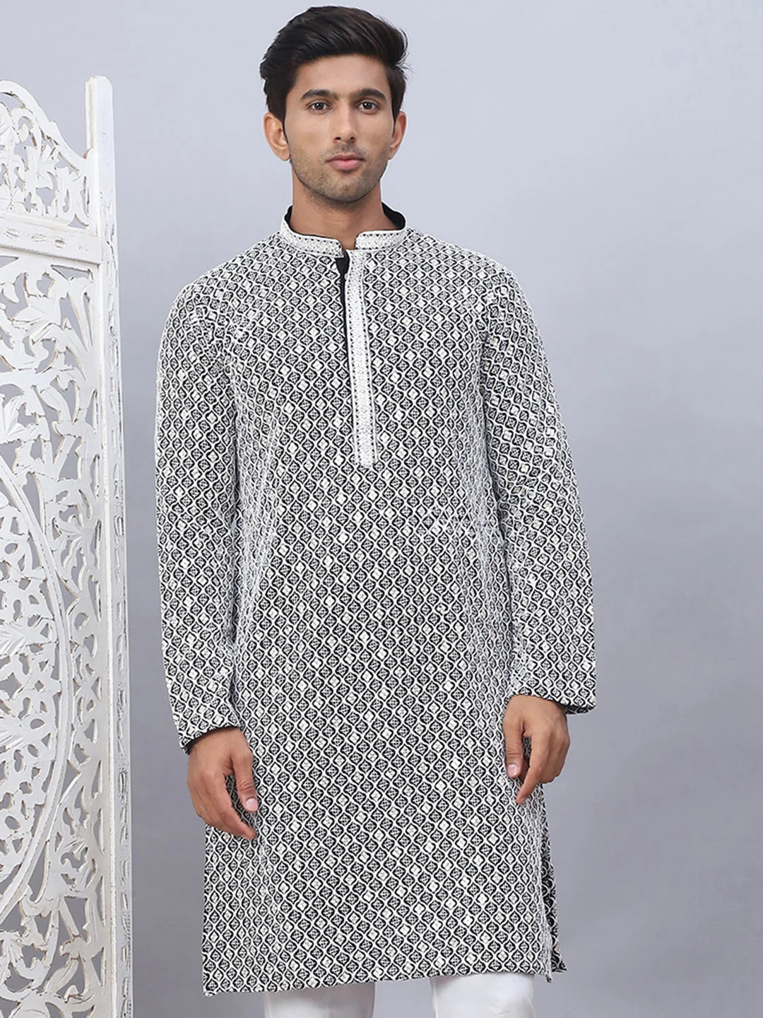 Men's Black Chikankari Embroidered Cotton Indian Kurta