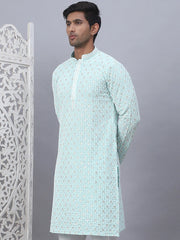 Men's Sky Blue Chikankari Embroidered and Sequence Kurtas-KO-5094Sky