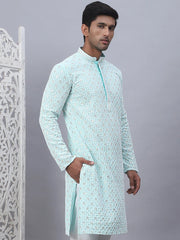 Men's Sky Blue Chikankari Embroidered and Sequence Kurtas-KO-5094Sky
