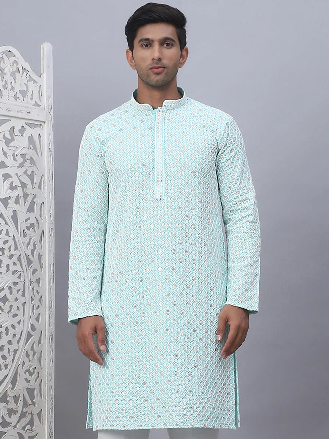 Stylish Sky Blue Embroidered Men's Kurta | Indian Kurta for Men