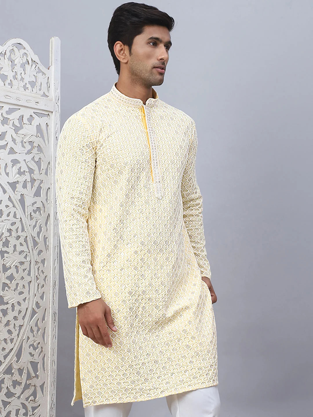 Yellow Embroidered Men's Kurta | Indian Kurta for Men