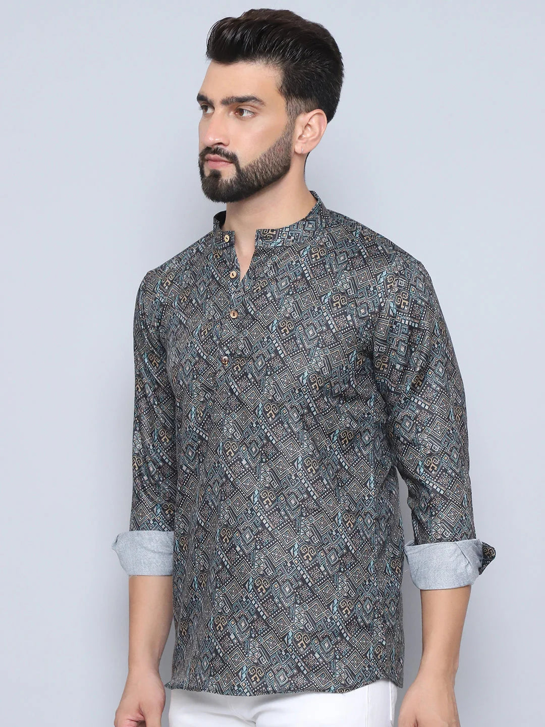 Olive Printed Cotton Short Kurta for Men | Indian Kurta