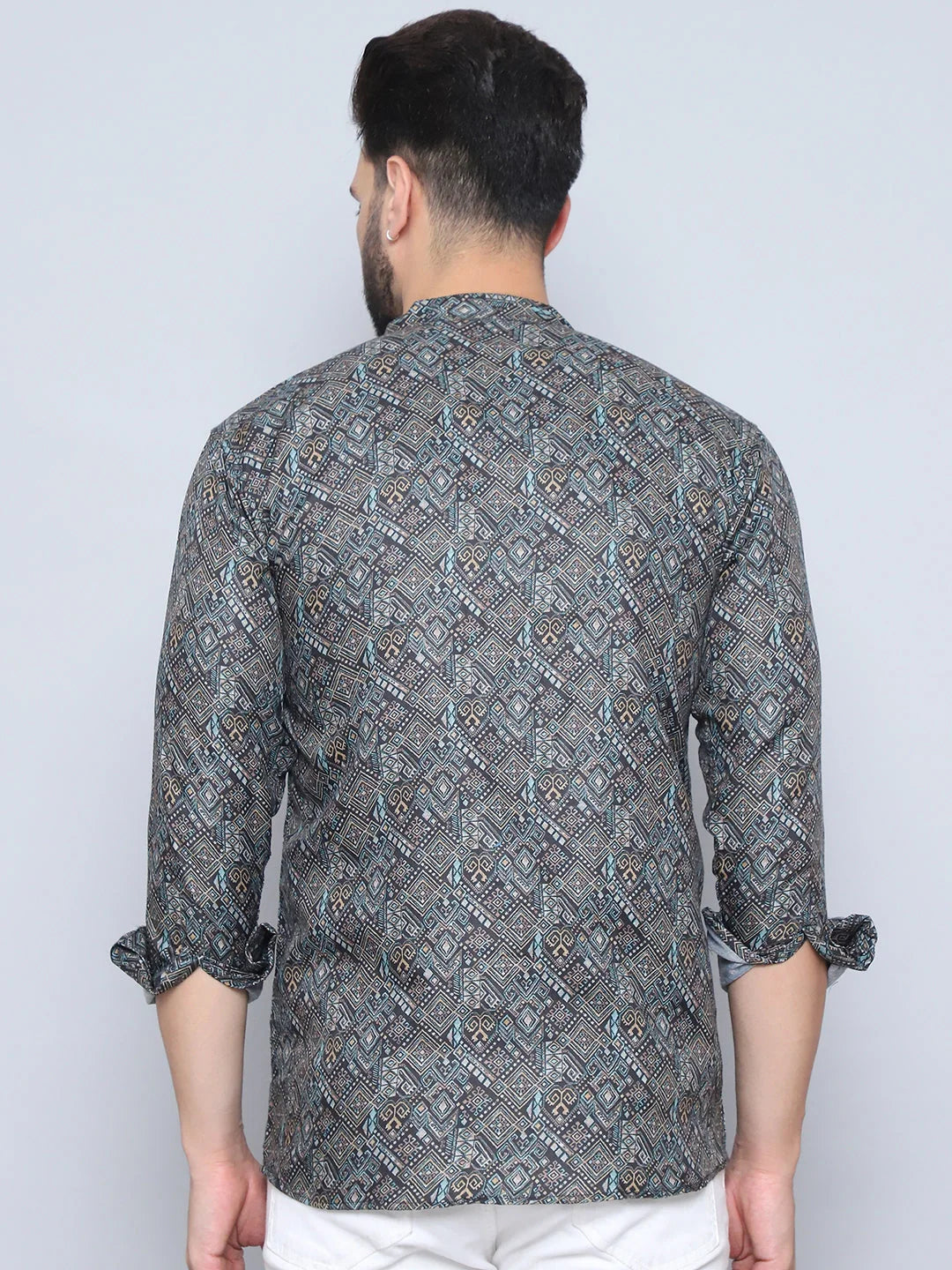 Olive Printed Cotton Short Kurta for Men | Indian Kurta
