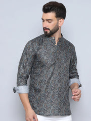 Printed Cotton Short kurta for Men-KO-5095Olive