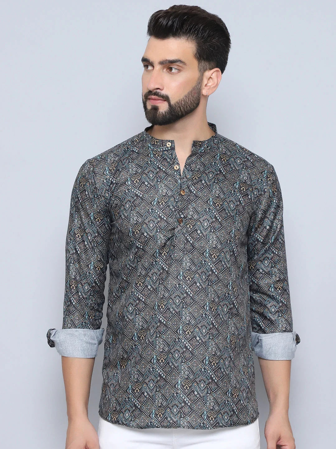 Olive Printed Cotton Short Kurta for Men | Indian Kurta