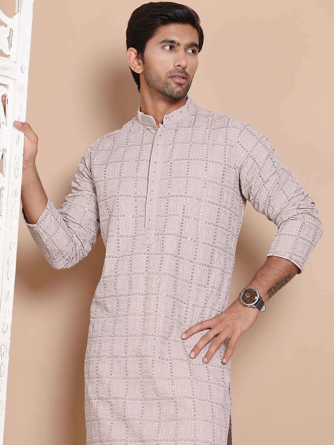 DesiQlo Men Embroidered Kurta Only - Grey - KO_5096Grey_S