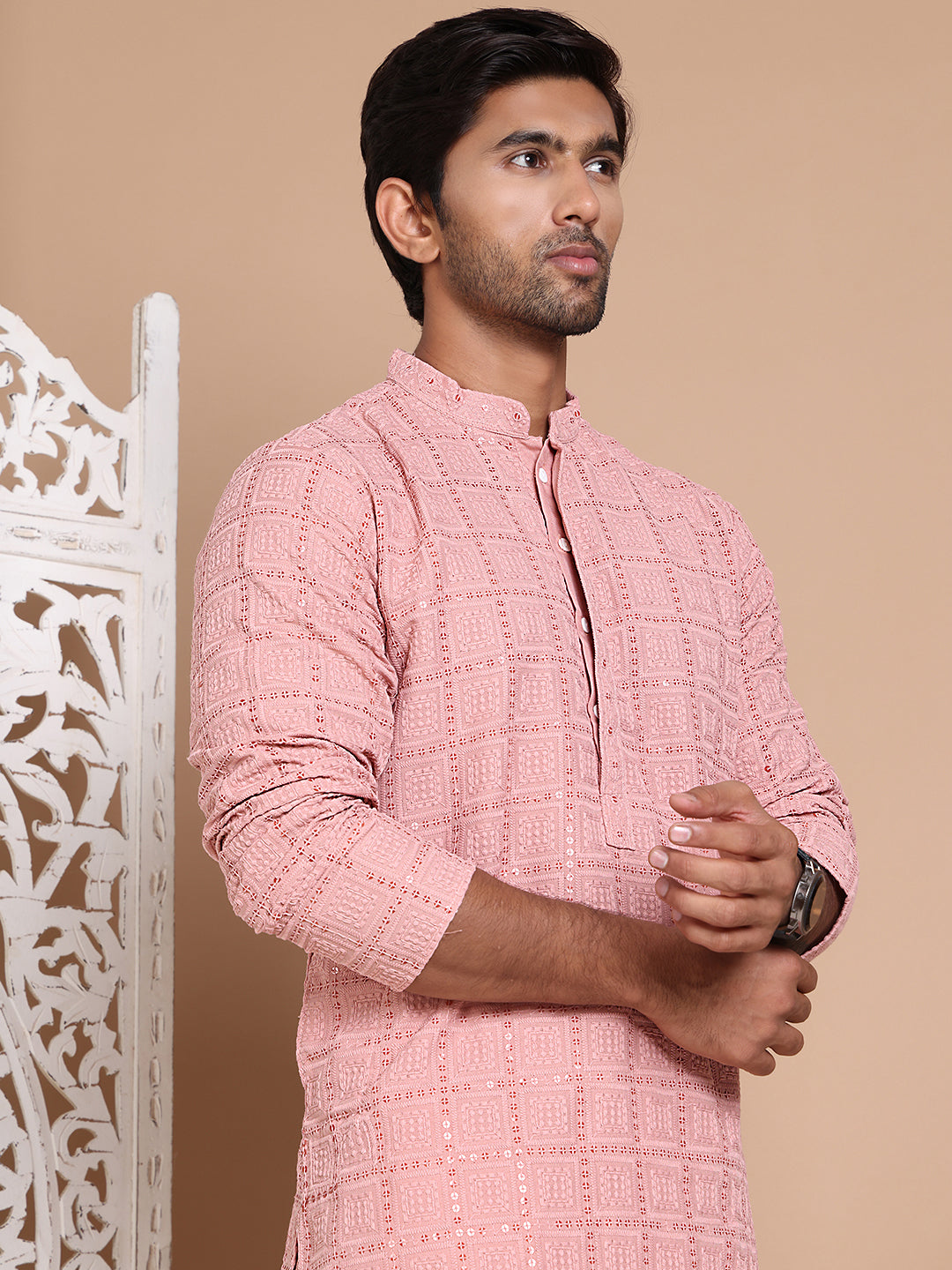 Sequin Embroidered Pure Cotton Kurtas ( KO 5096Peach )