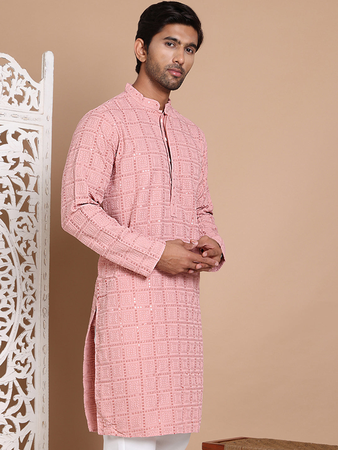 DesiQlo Men Embroidered Kurta Only - Orange - KO_5096Peach_S