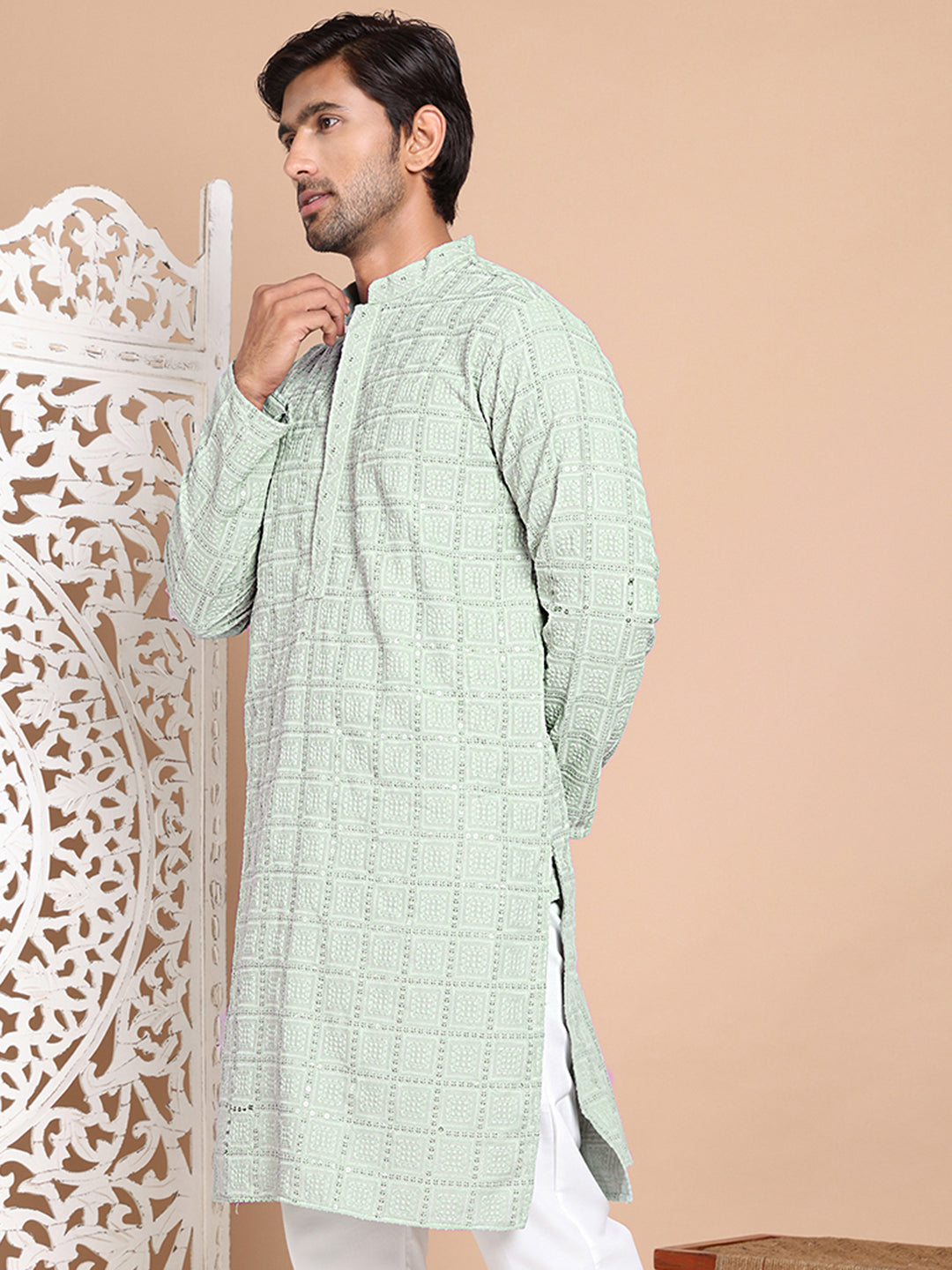 DesiQlo Men Embroidered Kurta Only - Green - KO_5096Pista_S
