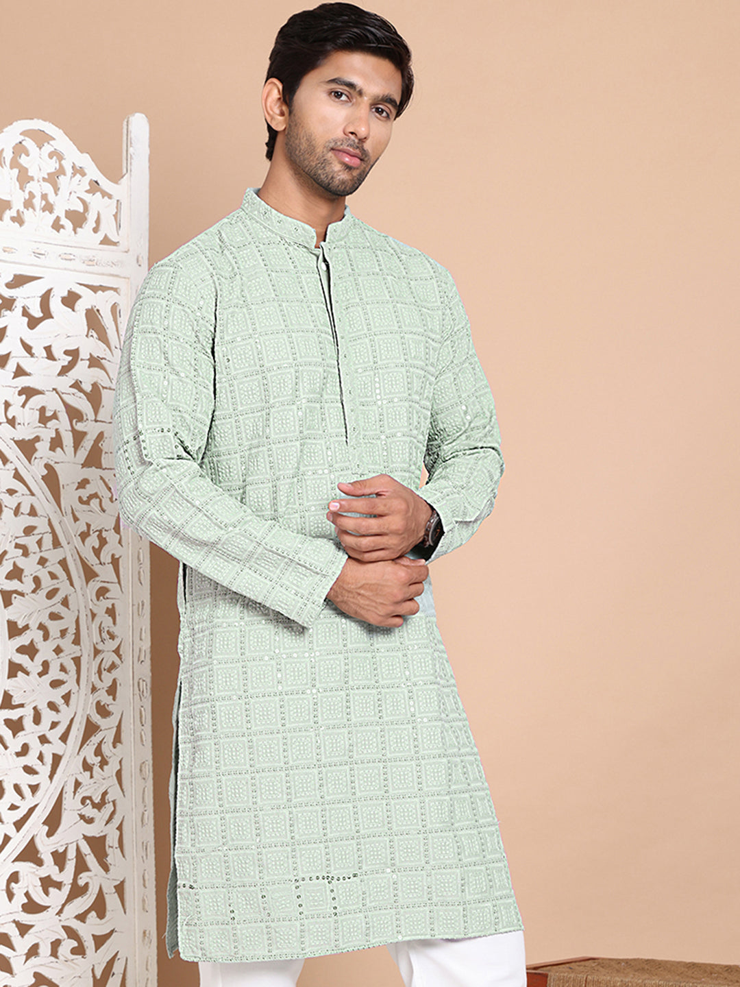 DesiQlo Men Embroidered Kurta Only - Green - KO_5096Pista_S