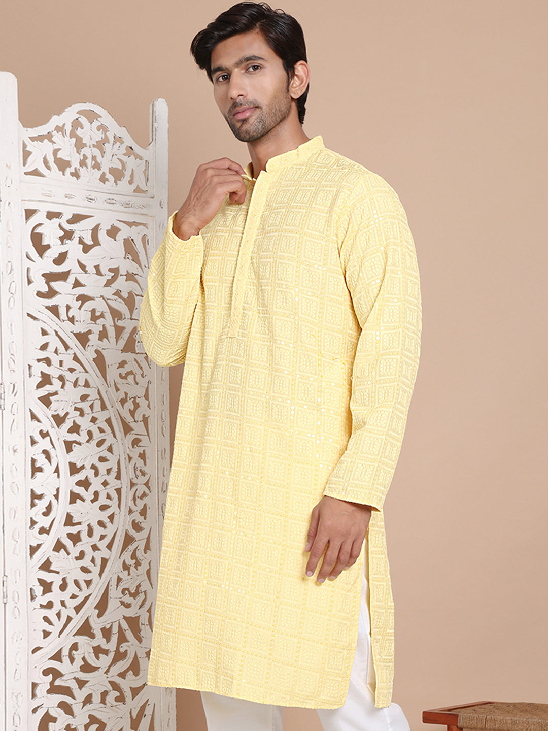 DesiQlo Men Embroidered Kurta Only - Yellow - KO_5096Yellow_S