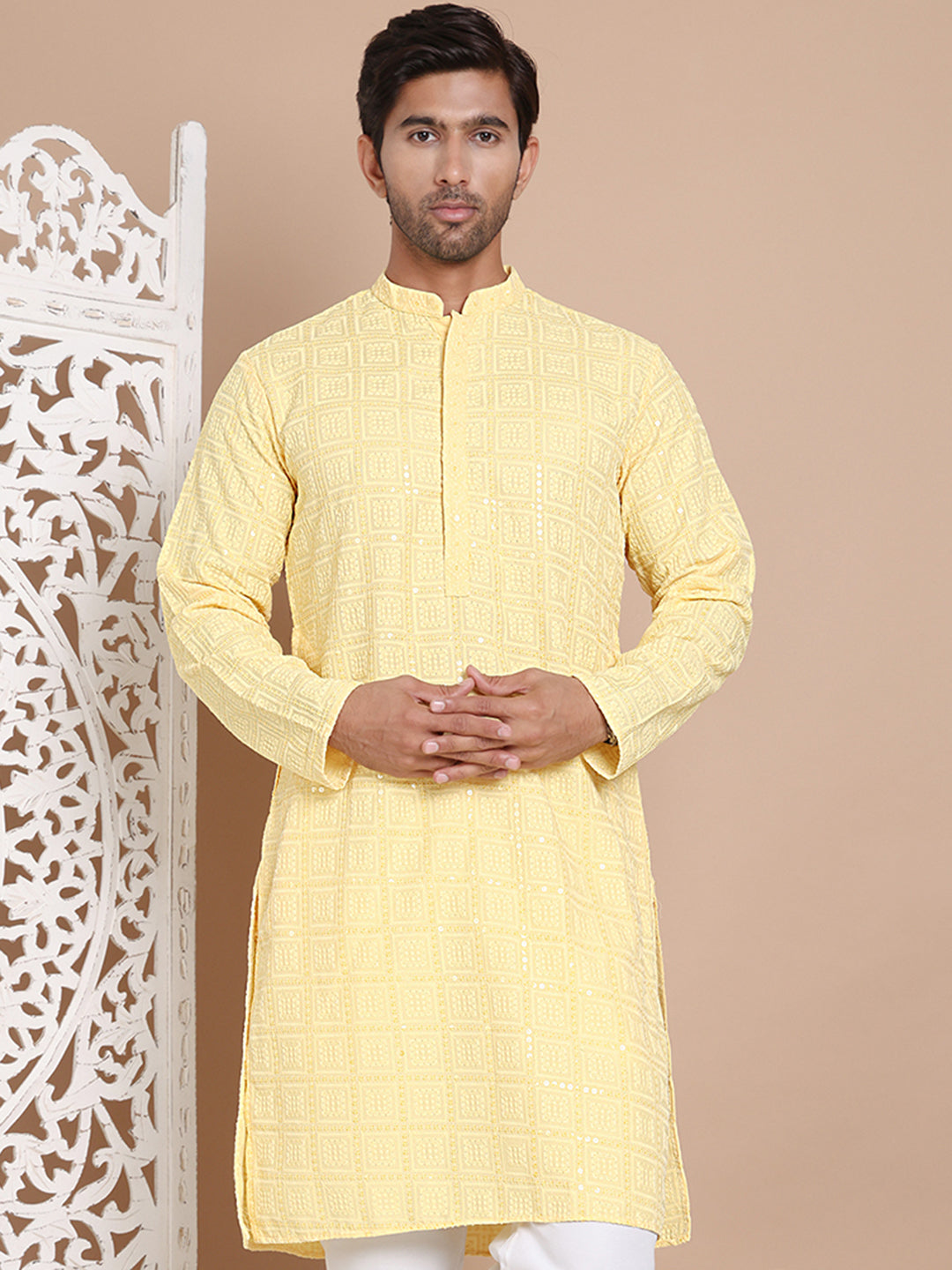 DesiQlo Men Embroidered Kurta Only - Yellow - KO_5096Yellow_S