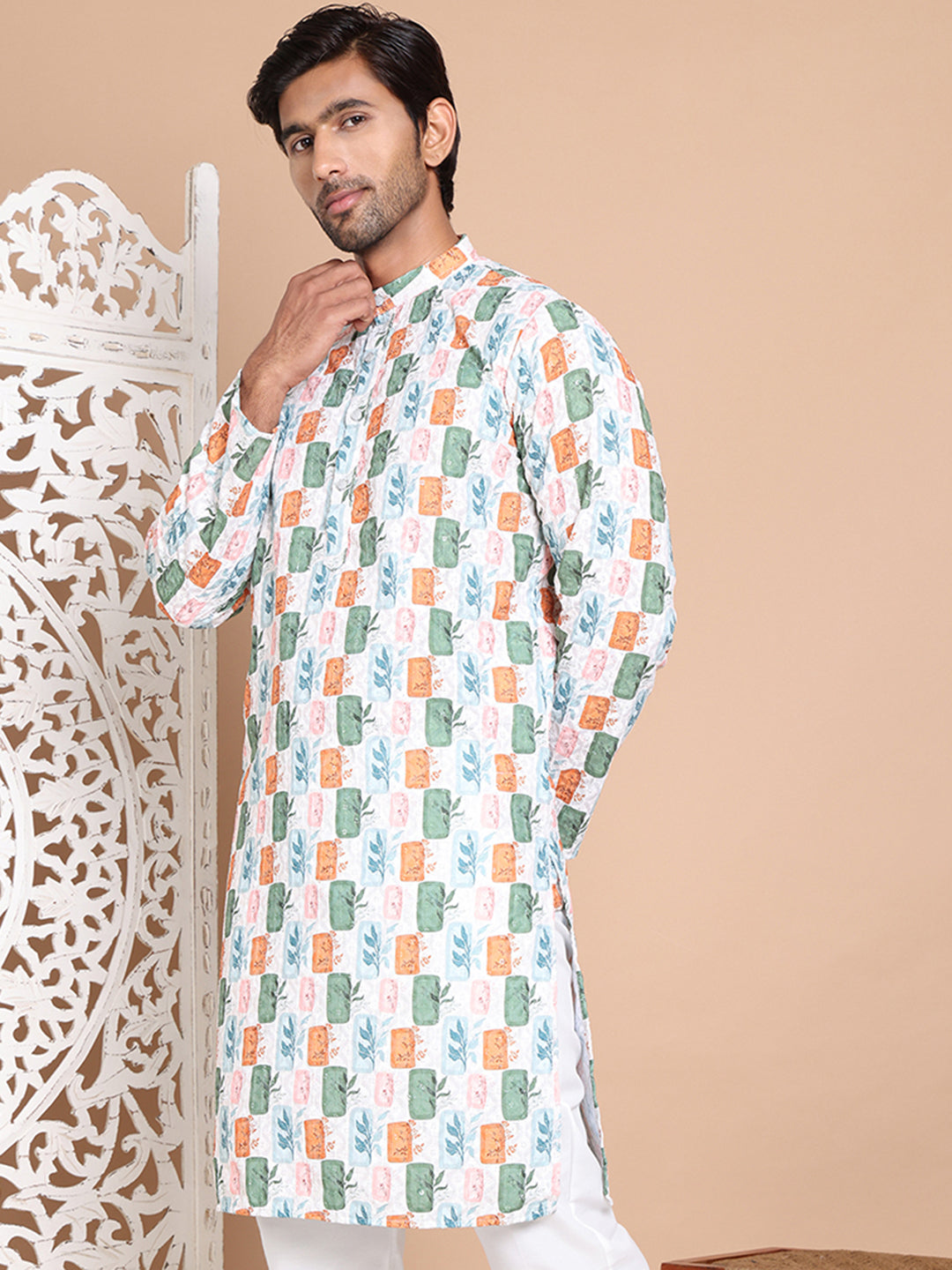 DesiQlo Men Printed Kurta Only - White - KO_5097Off-White_S