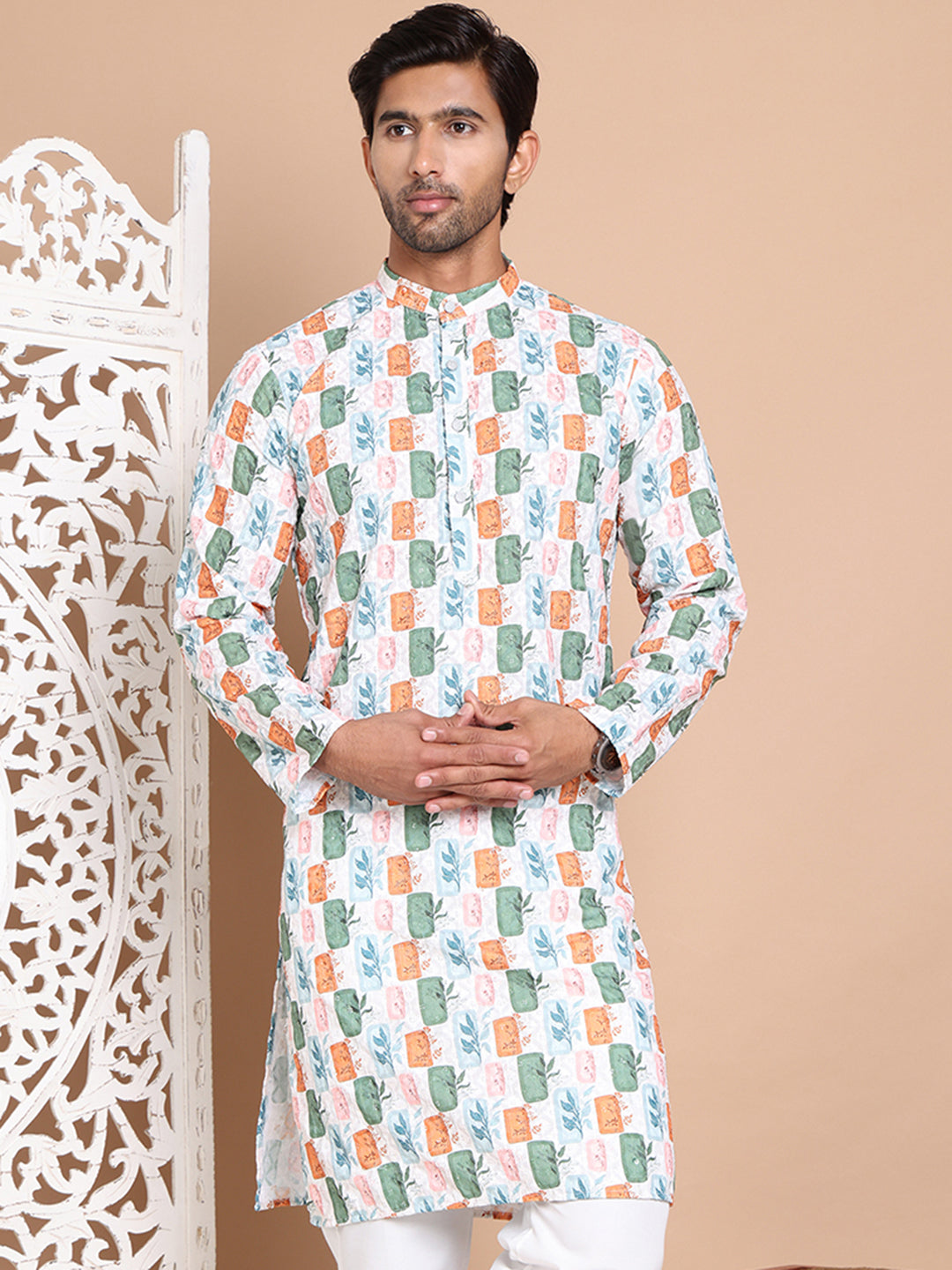 DesiQlo Men Printed Kurta Only - White - KO_5097Off-White_S
