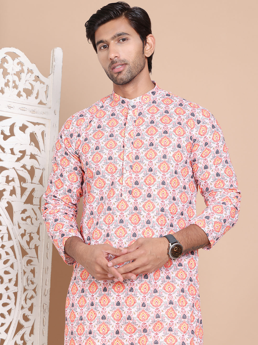 DesiQlo Men Printed Kurta Only - Orange - KO_5097Peach_S