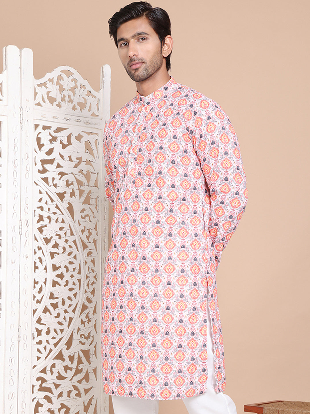 DesiQlo Men Printed Kurta Only - Orange - KO_5097Peach_S