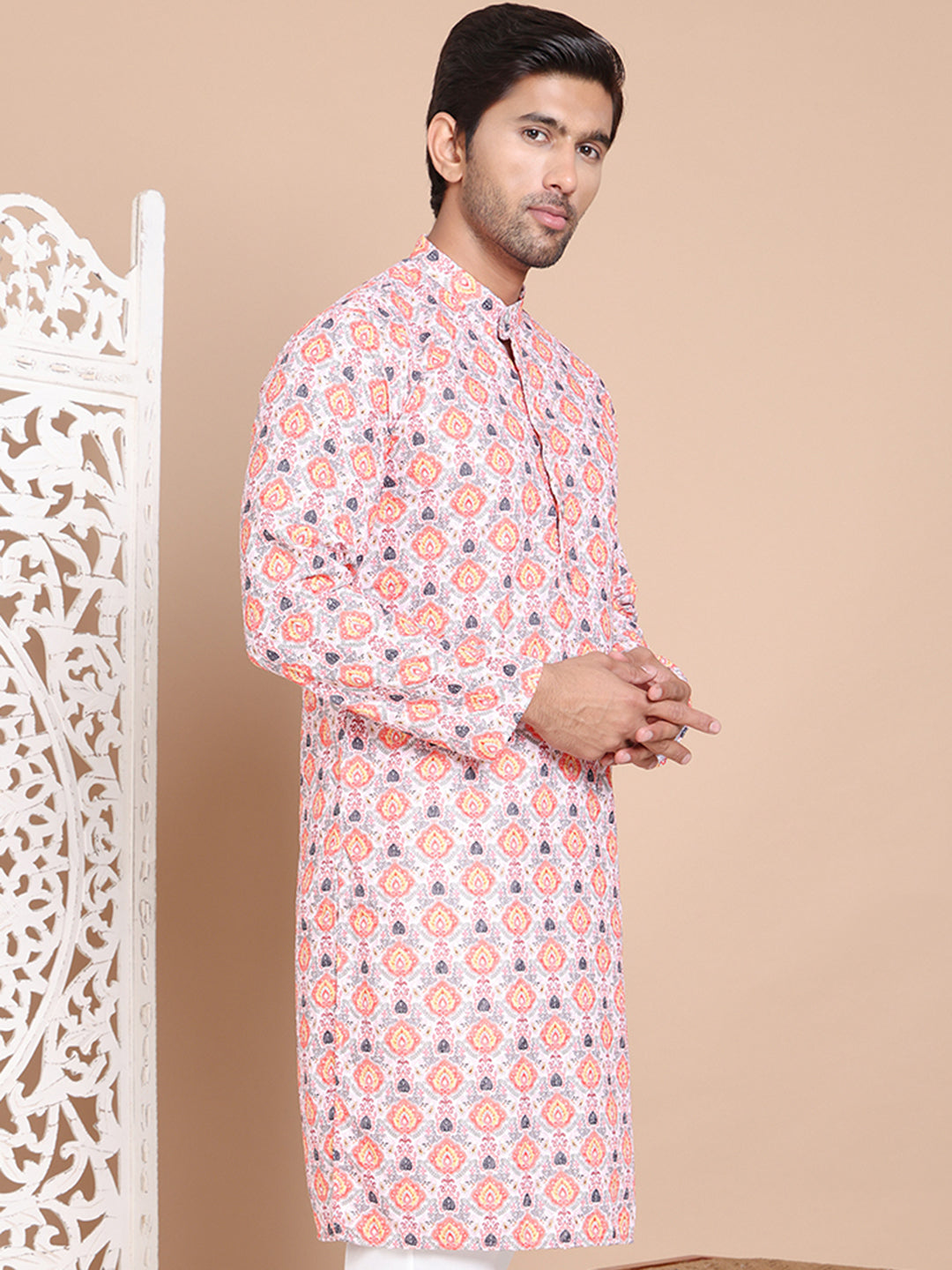 DesiQlo Men Printed Kurta Only - Orange - KO_5097Peach_S