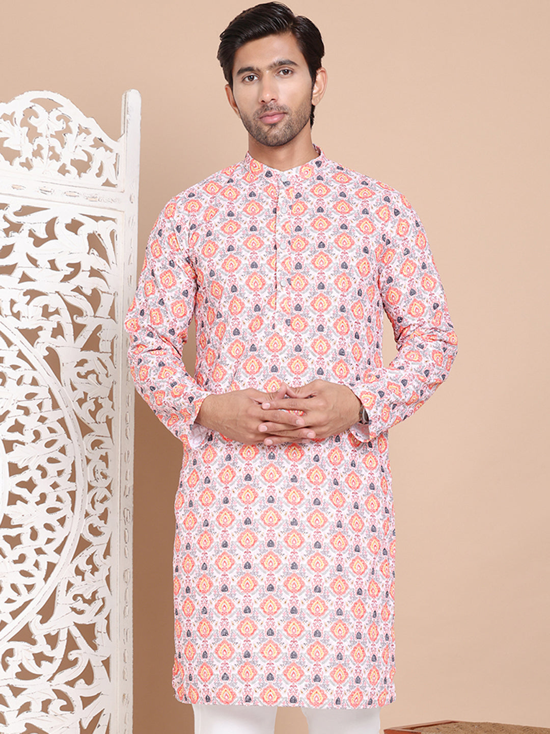 DesiQlo Men Printed Kurta Only - Orange - KO_5097Peach_S