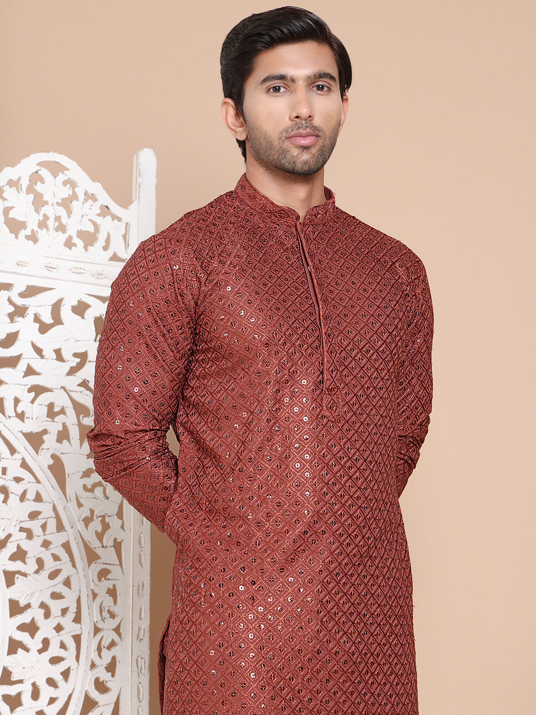 Embroidered and Sequence Kurta For Men. ( KO 5098Brown ) [FF] [J-2-3]