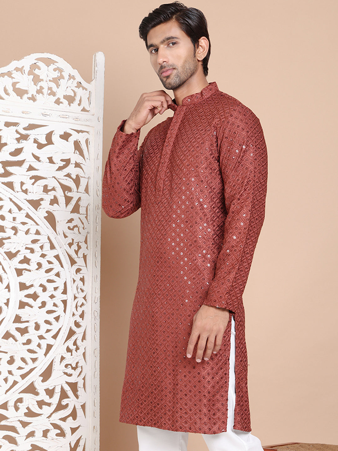 DesiQlo Men Embroidered Kurta Only - Brown - KO_5098Brown_S