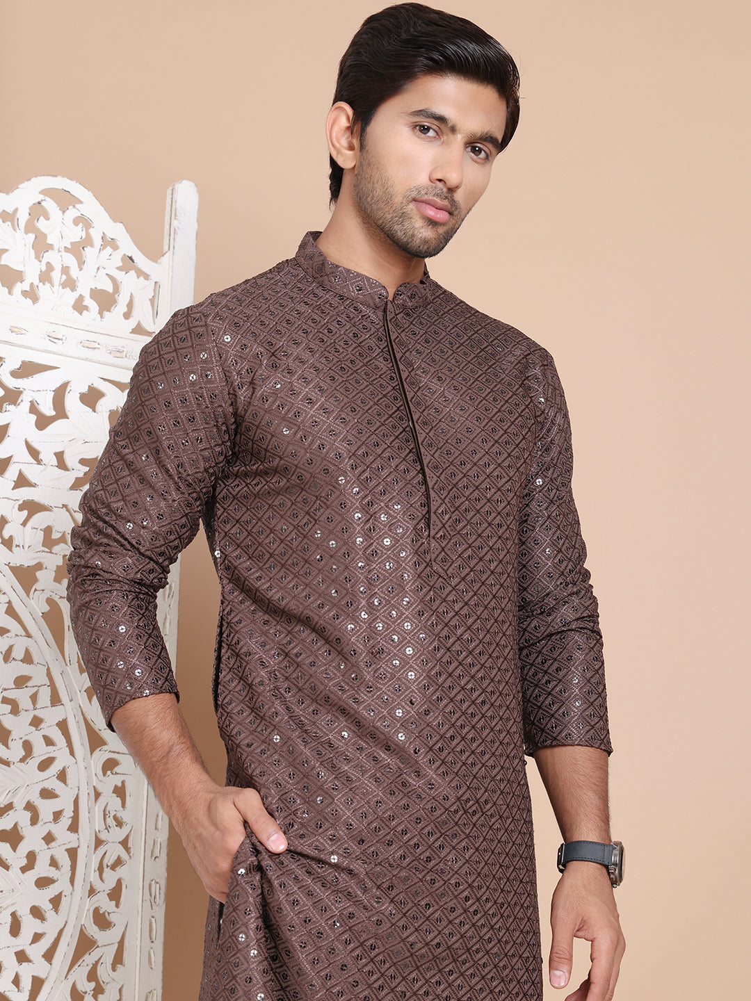 Embroidered and Sequence Kurta For Men. ( KO 5098Coffee ) [FF] [J-2-3]
