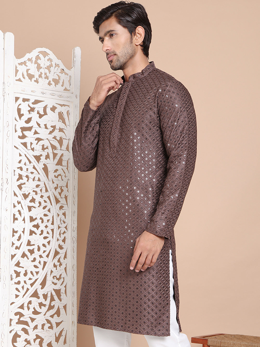 DesiQlo Men Embroidered Kurta Only - Multicolor - KO_5098Coffee_S