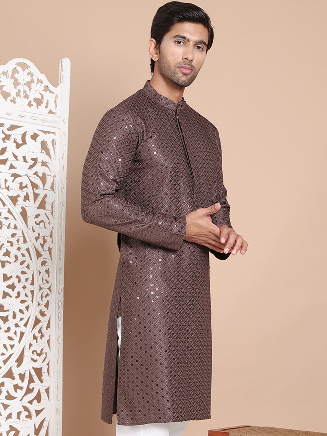 DesiQlo Men Embroidered Kurta Only - Multicolor - KO_5098Coffee_S