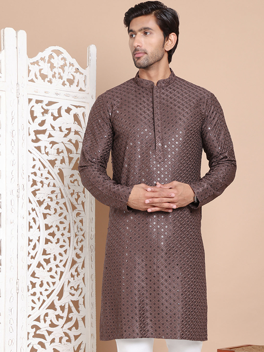 DesiQlo Men Embroidered Kurta Only - Multicolor - KO_5098Coffee_S
