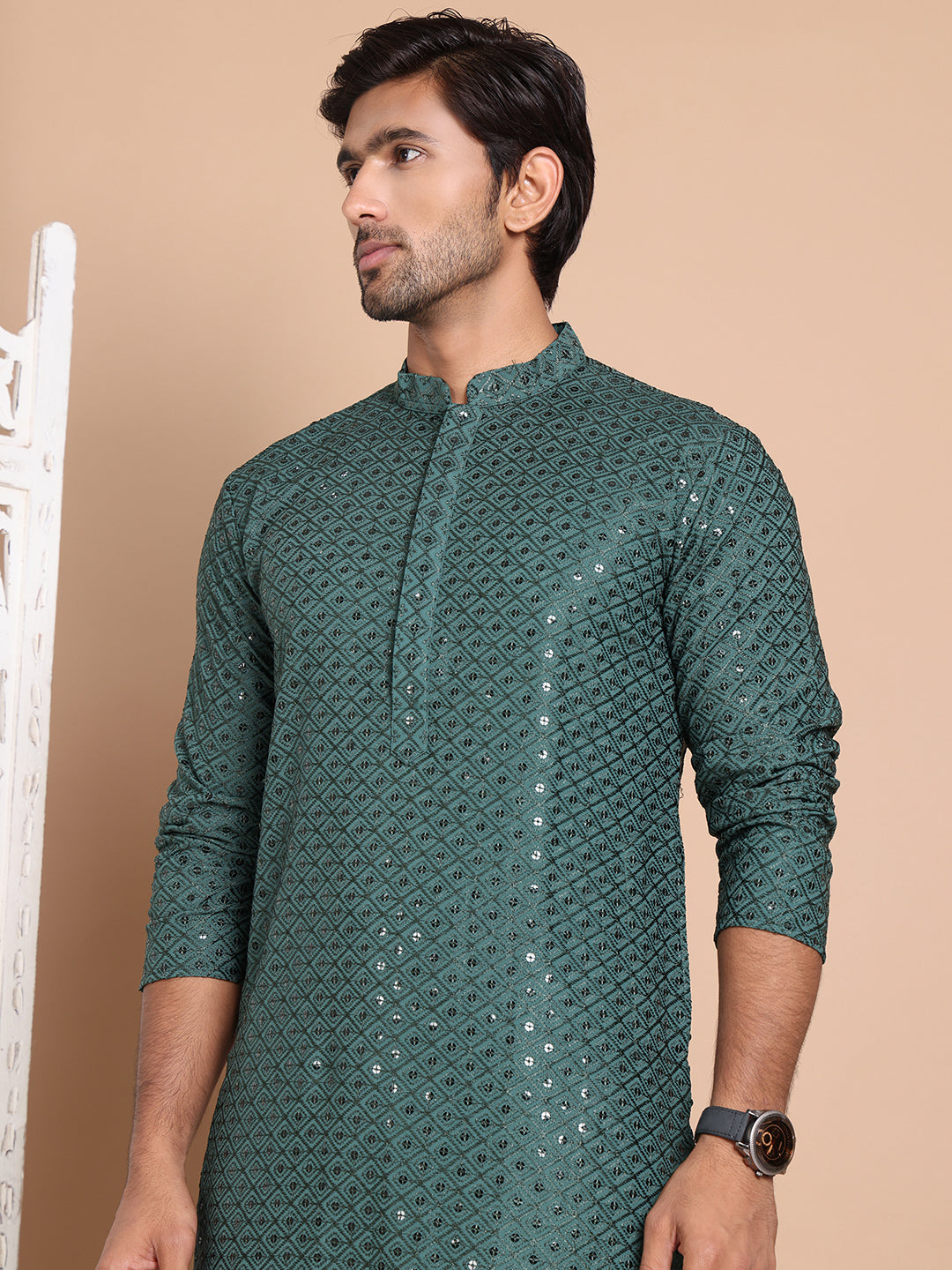 DesiQlo Men Embroidered Kurta Only - Green - KO_5098Olive_S