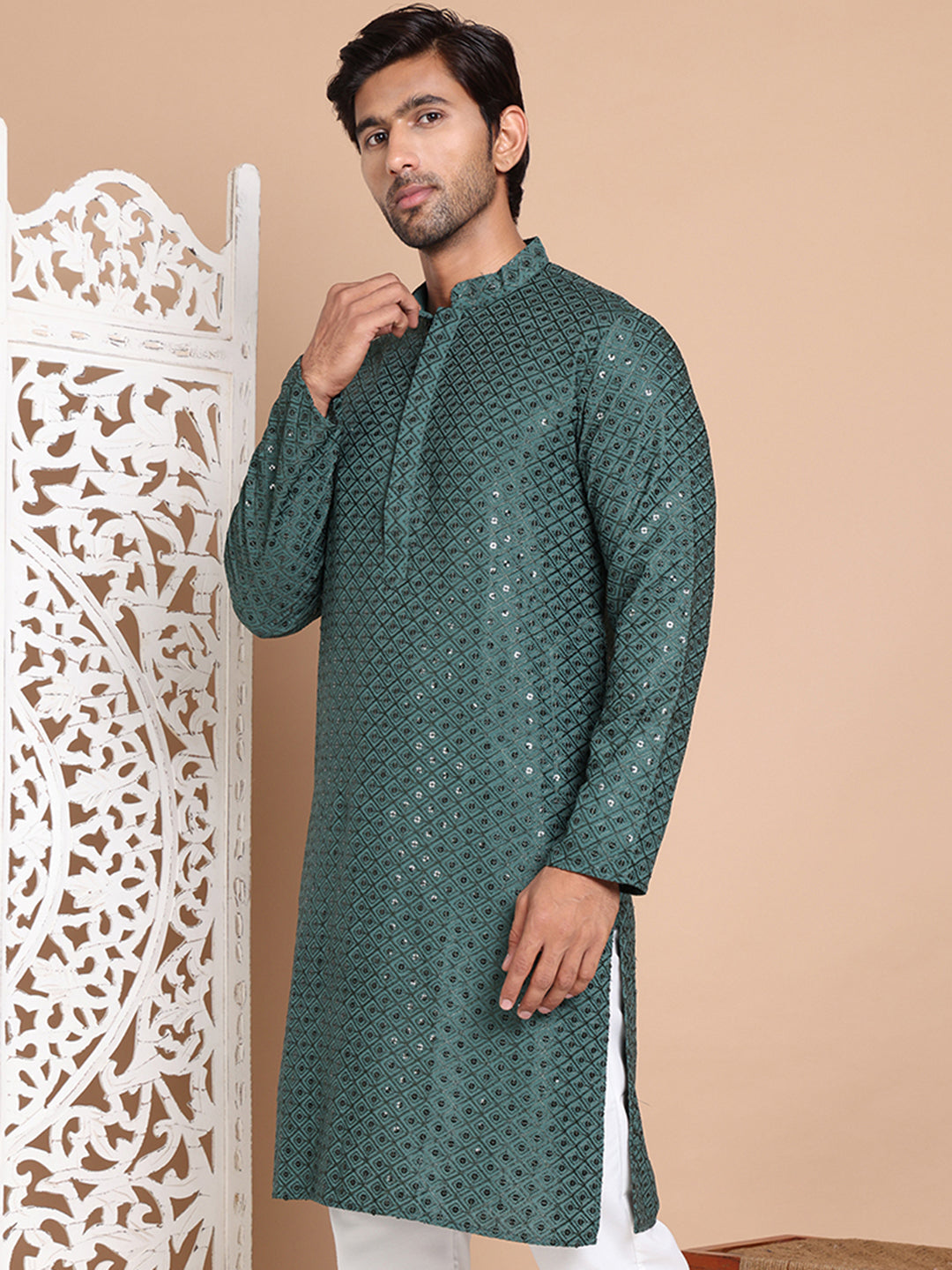 DesiQlo Men Embroidered Kurta Only - Green - KO_5098Olive_S