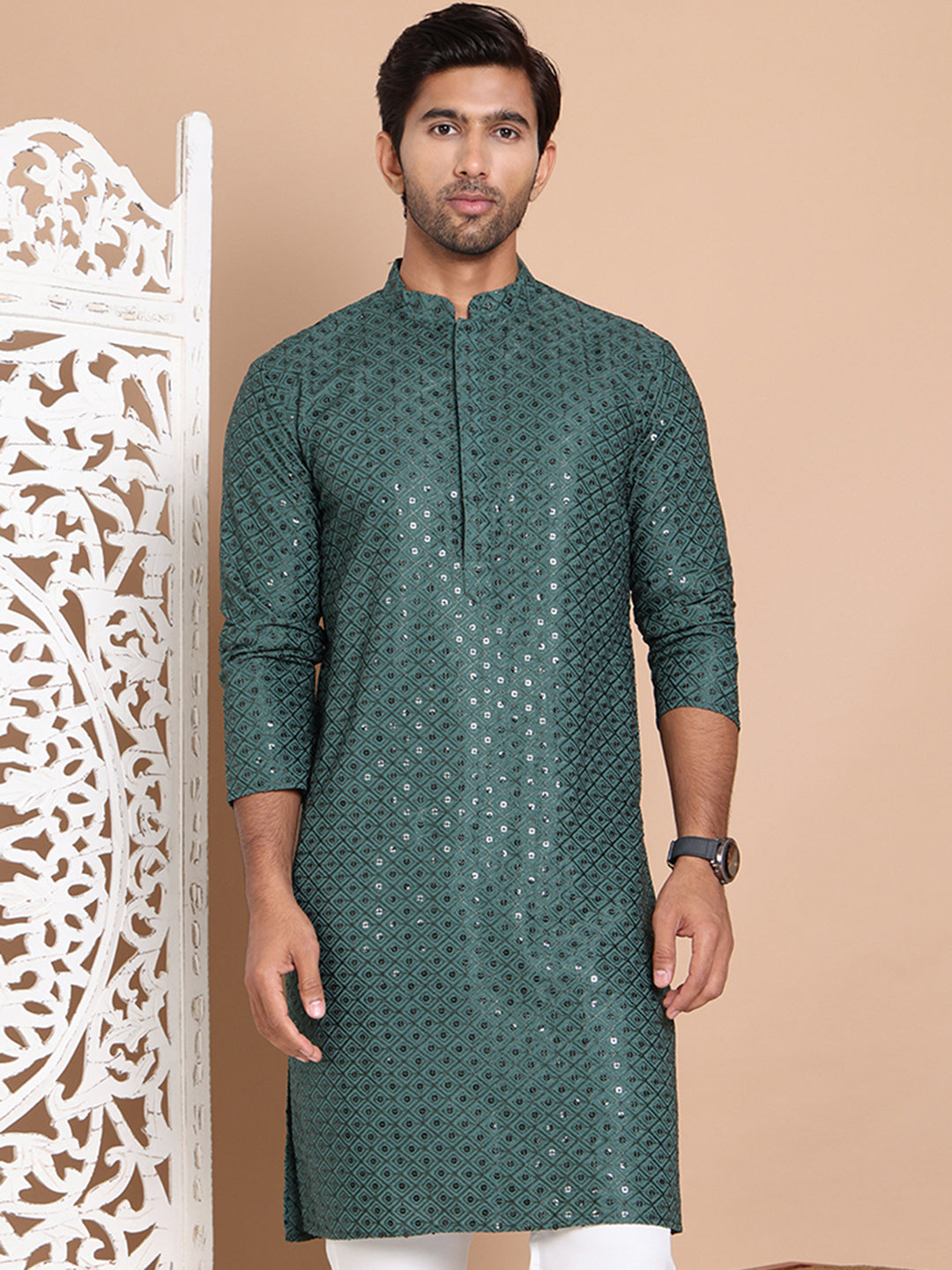 DesiQlo Men Embroidered Kurta Only - Green - KO_5098Olive_S