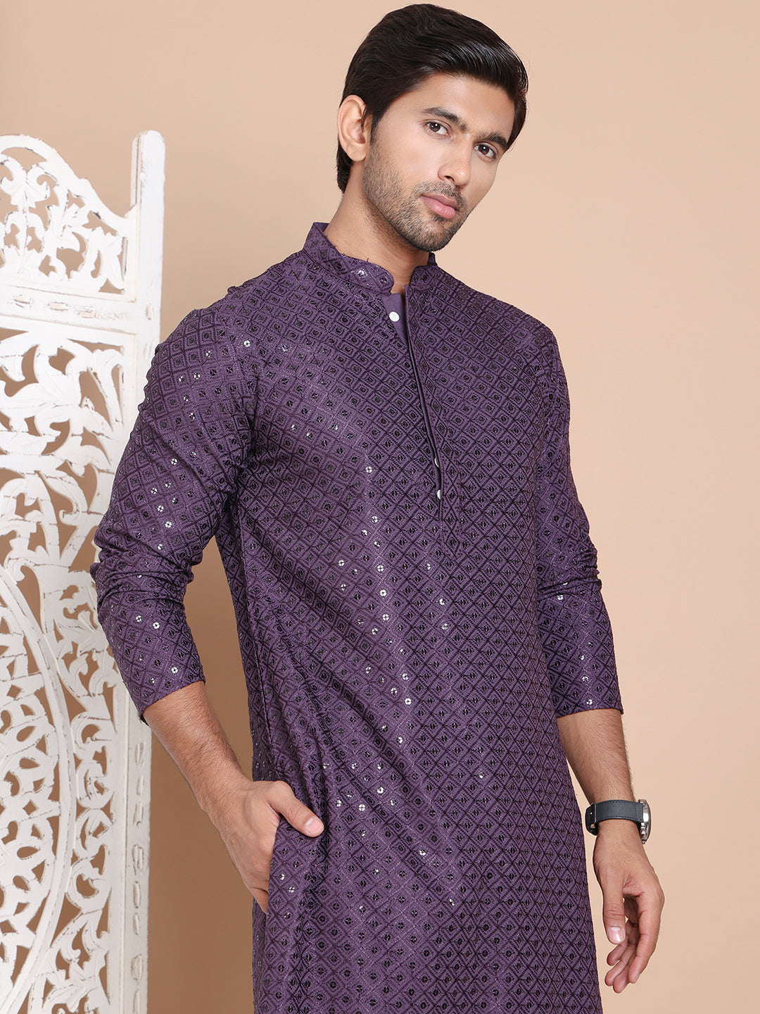 DesiQlo Men Embroidered Kurta Only - Purple - KO_5098Purple_S