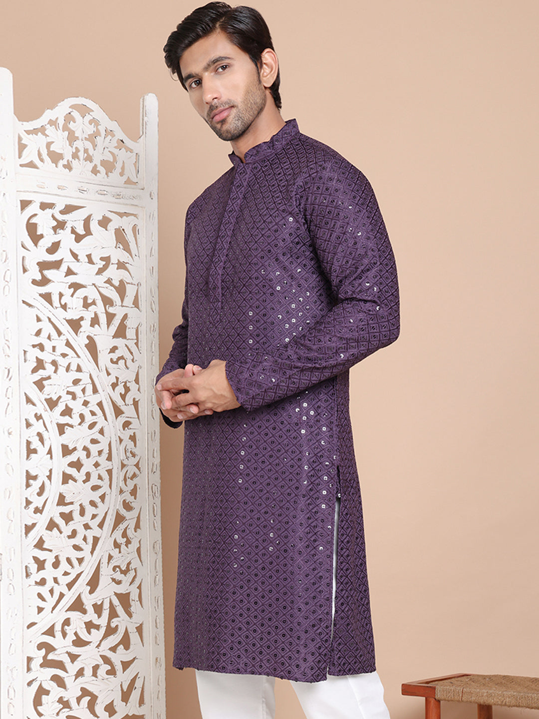 DesiQlo Men Embroidered Kurta Only - Purple - KO_5098Purple_S