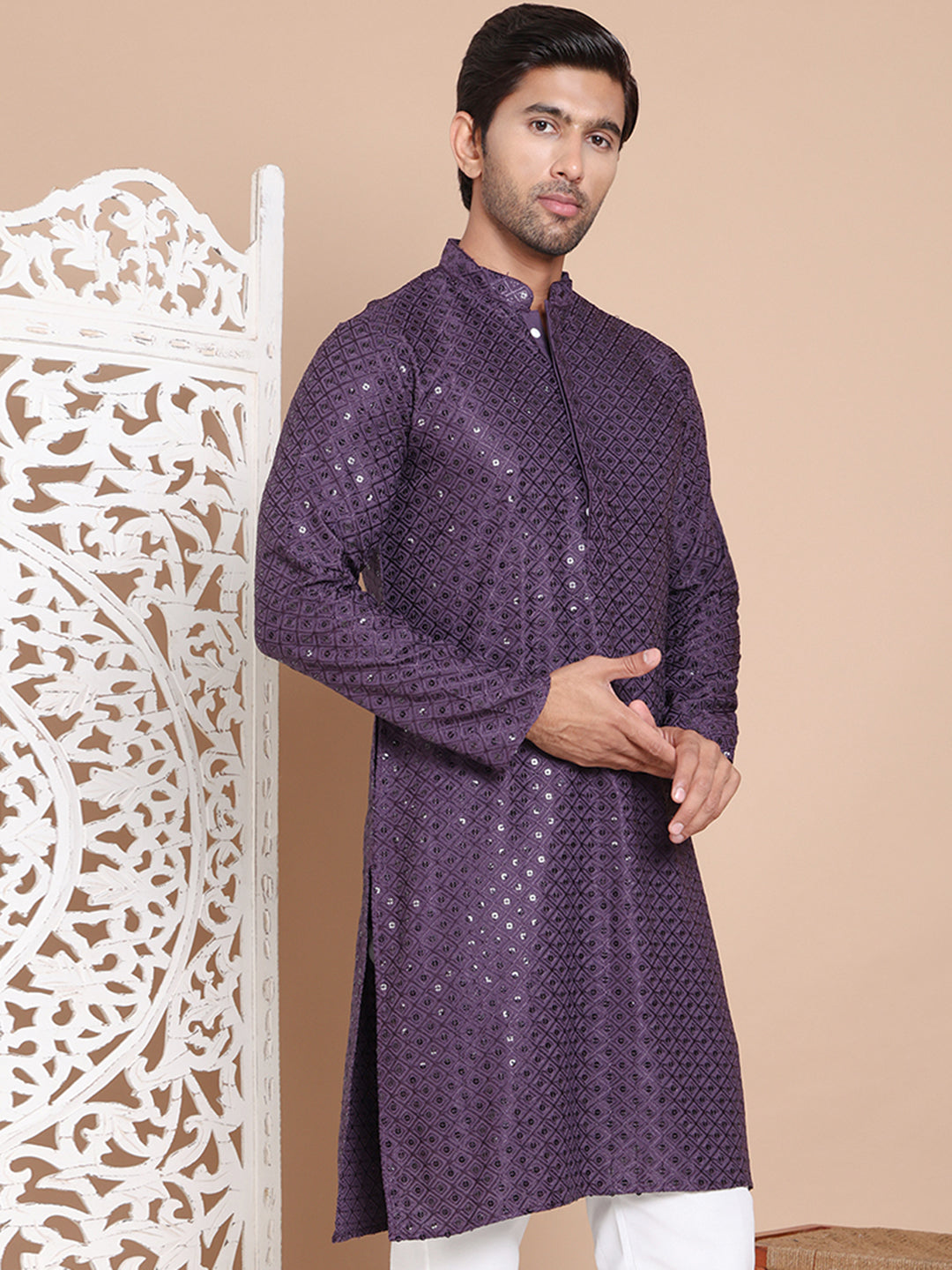 DesiQlo Men Embroidered Kurta Only - Purple - KO_5098Purple_S