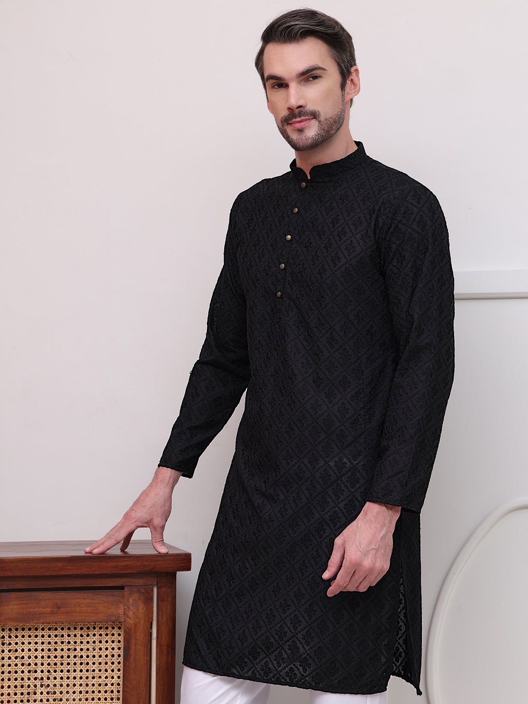 DesiQlo Men Embroidered Kurta Only - Black - KO_5099Black_S